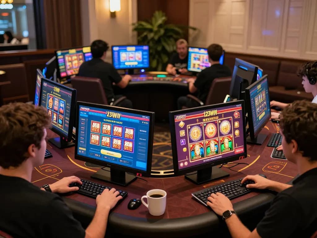 Players enjoying the 123Win app on multiple devices in a cozy setup, showcasing interactive gaming.