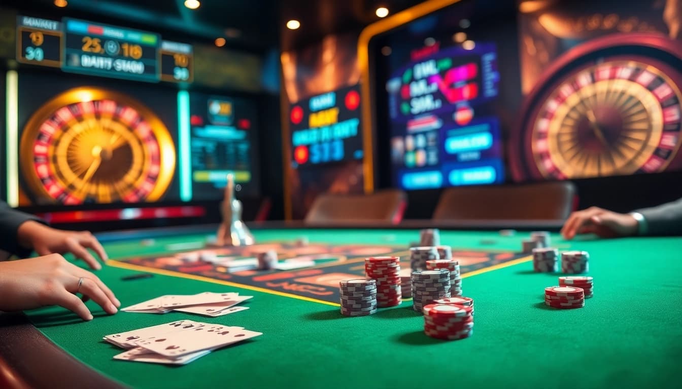 Engaged players at LUCK8's luxurious poker table with vibrant casino ambiance.