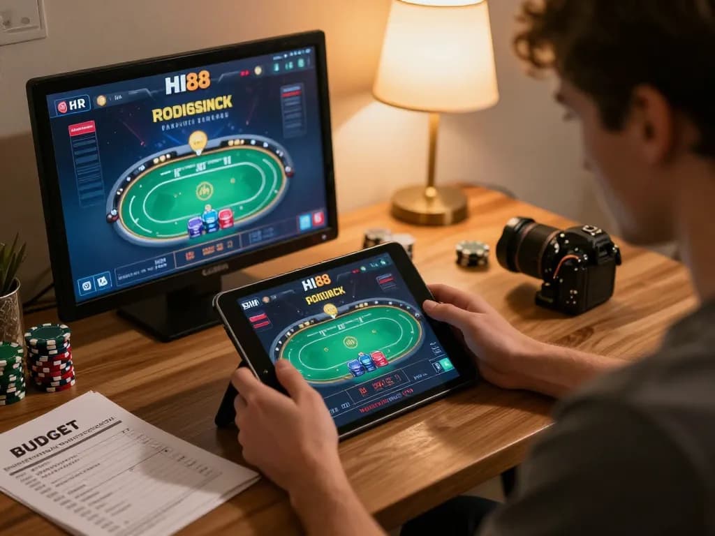 Link vào Hi88 displayed on tablet screen during an engaging online poker game at home.