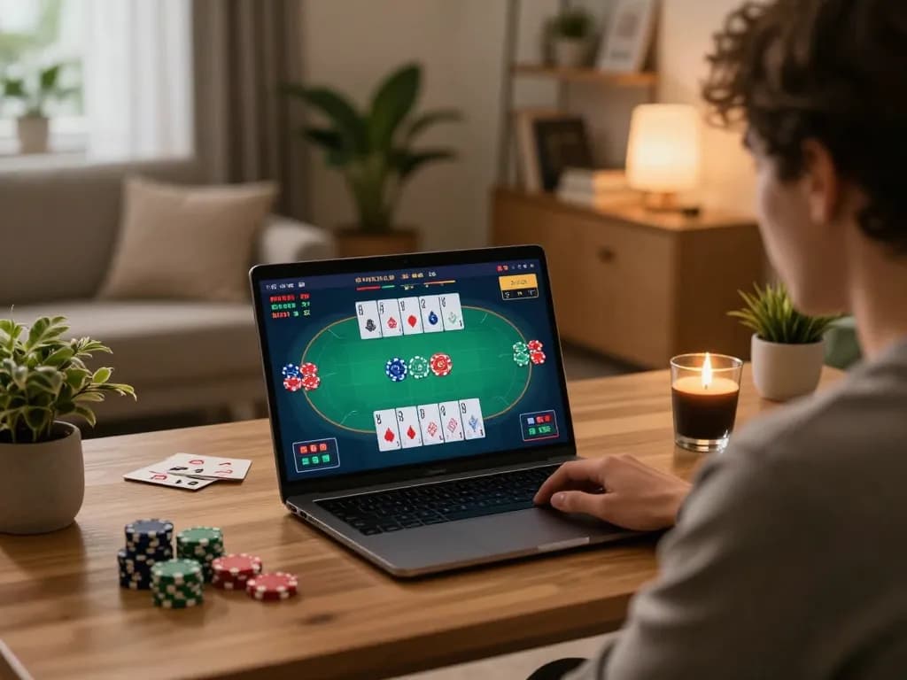 Engaged player enjoying 789WIN online poker in a cozy home setting with warm lighting.