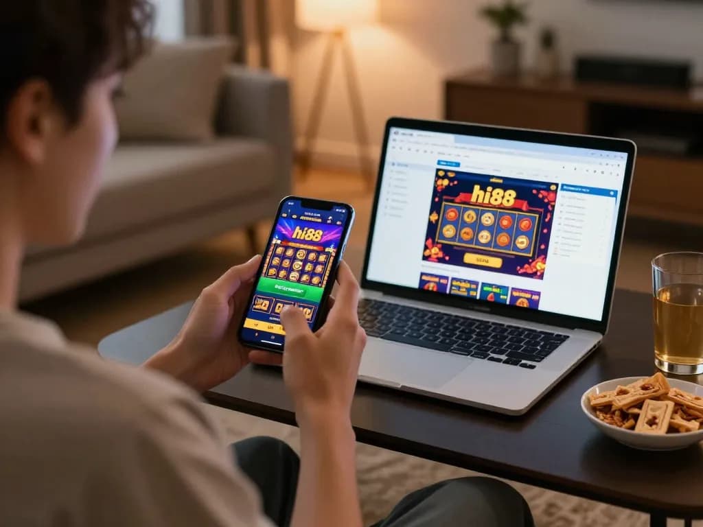 User exploring the hi88 mobile app for exciting slot games in a cozy home setting