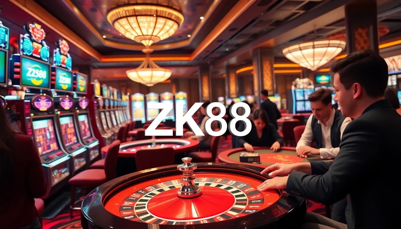 ZK88 players enjoying an exciting game in a luxurious casino setting with vibrant slot machines.