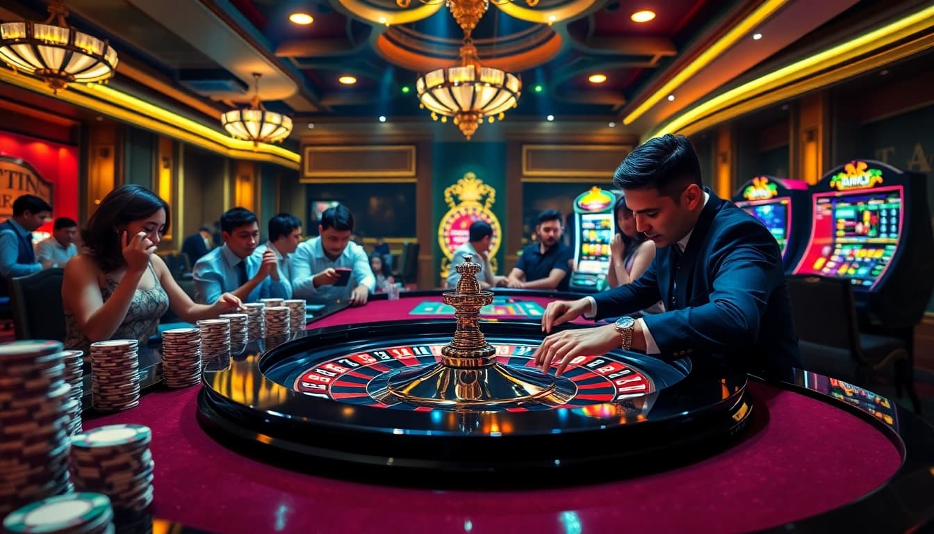 Experience the thrill at lu88bb.com with a vibrant casino scene showcasing players at a roulette table.