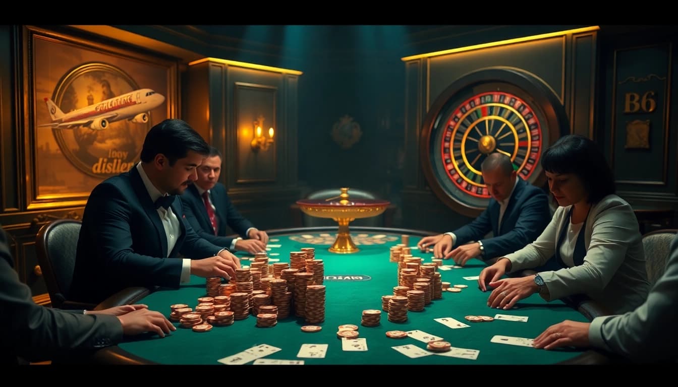 High-stakes poker game with dh88-themed décor, capturing intense players and casino atmosphere.