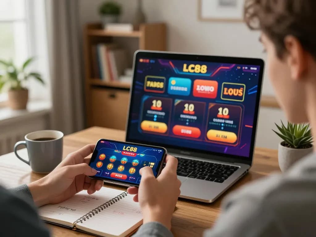 Engaged player using LC88 casino app on smartphone in a cozy setting.