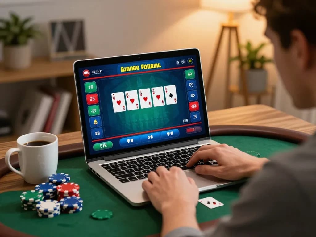 Engaging online poker gameplay on FC88's platform with focused player and colorful interface