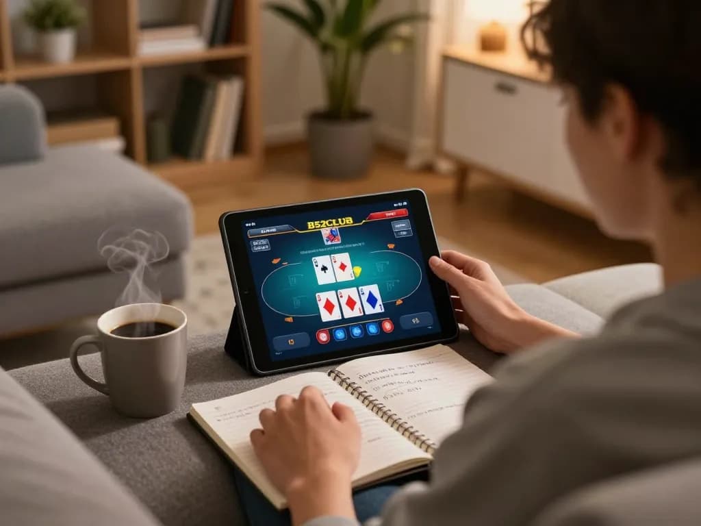B52CLUB player using a tablet for poker strategy in a cozy home environment.