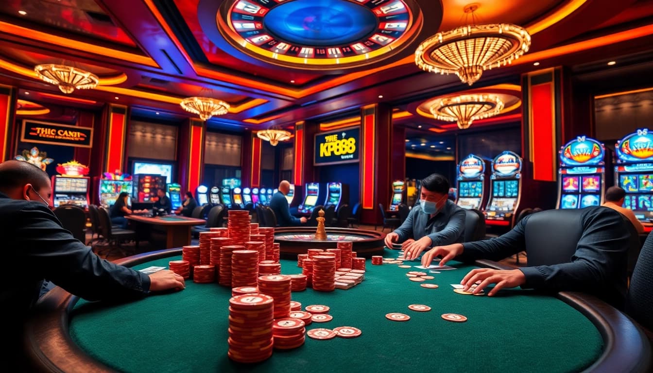 Kp88 casino players strategizing at a vibrant poker table in a luxurious setting.