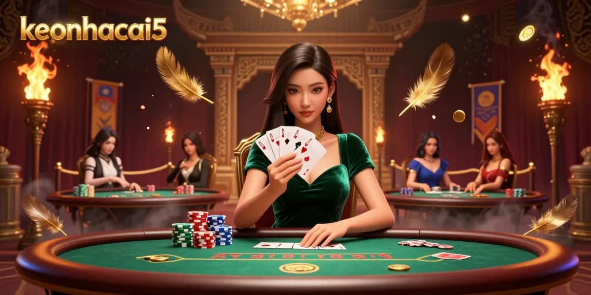 Experience the excitement of keonhacai5 with a focused Asian woman playing poker, surrounded by vibrant gambling elements.