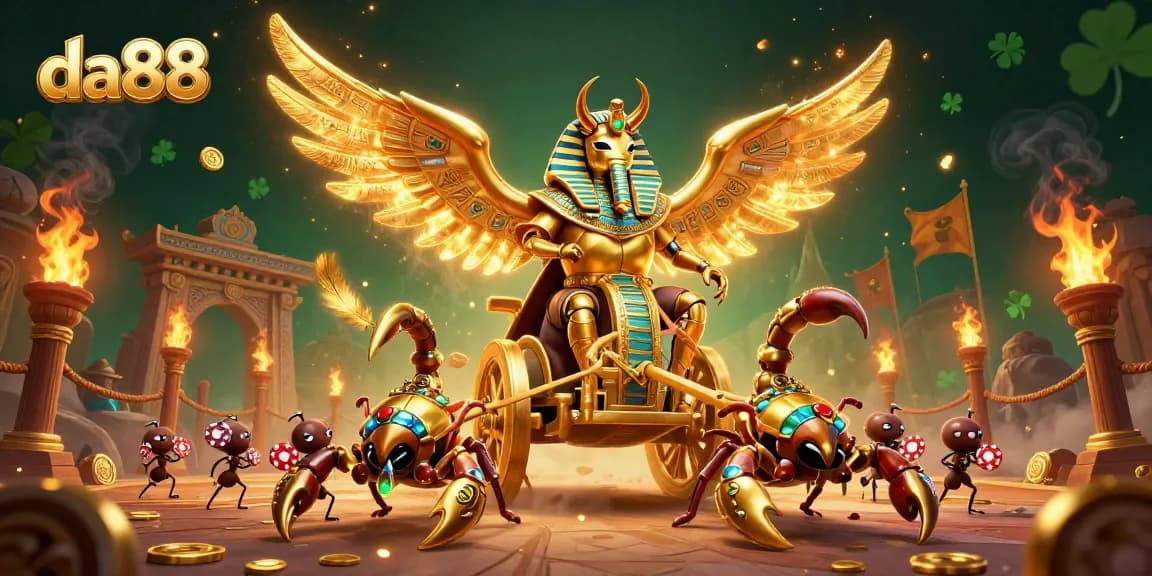 Join the excitement with da88 casino action, featuring a golden scarab beetle, bets, and floating coins.