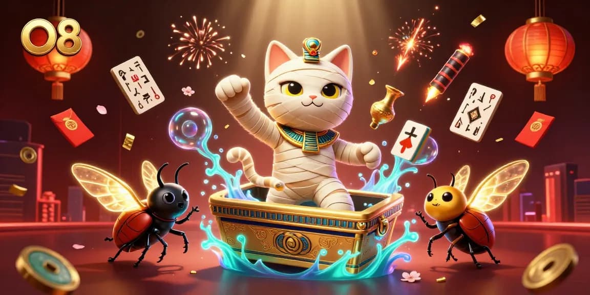 Spin the jackpot reels with O8's vibrant casino scene featuring a mummy cat and glowing scarab.
