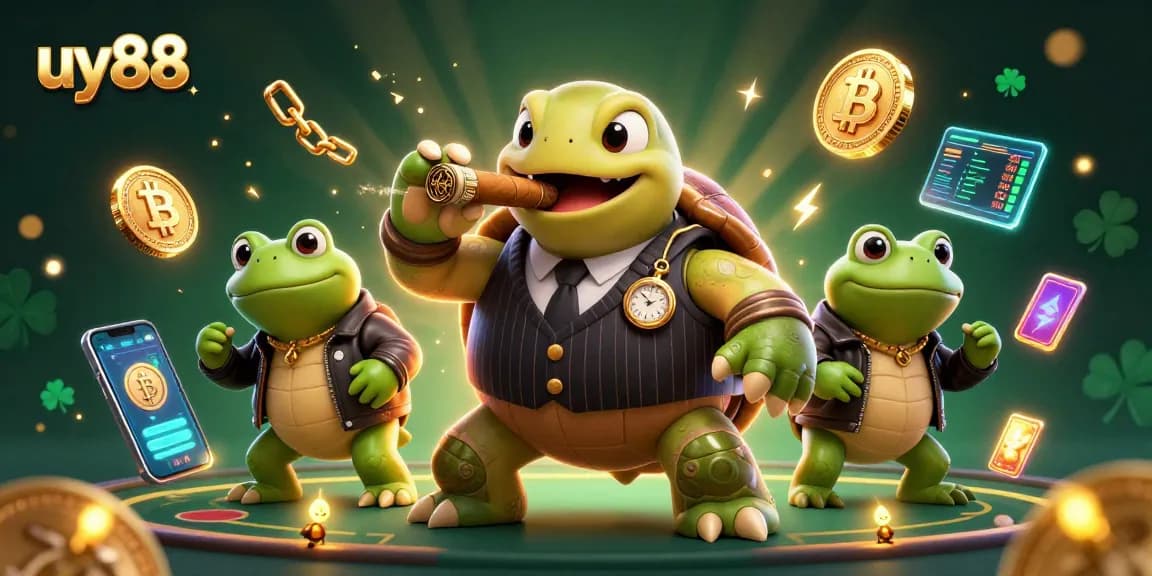 Engage with uy88 and unwind with a 3D cartoon scene bringing casino excitement to life, featuring a turtle mobster.