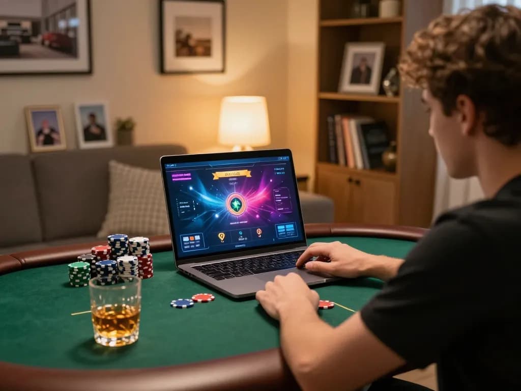 Player enjoying online poker at BL555 in a cozy home gaming setup with vibrant graphics and ambient lighting.