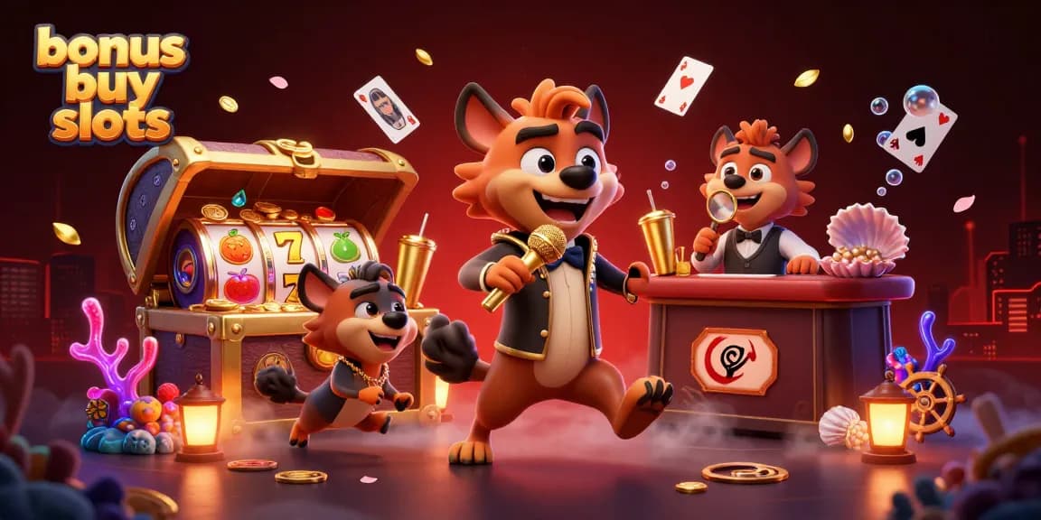 Experience exciting bonus buy slots with hyena comedians in a vibrant casino scene.