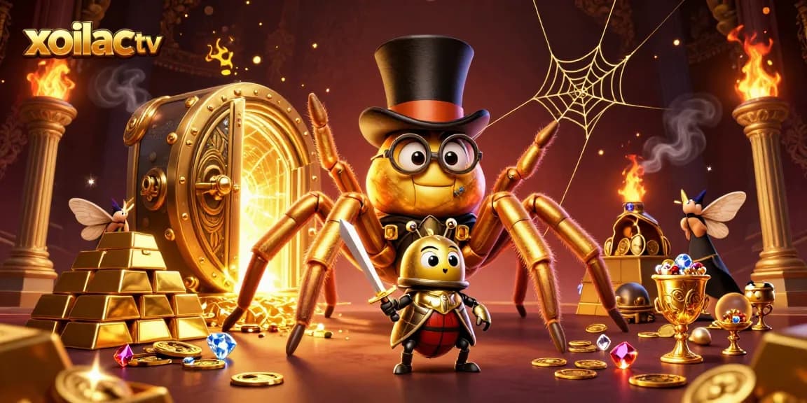 Xoilac tv showcases a vibrant 3D casino scene, featuring characters amid sparkling treasures and gaming elements.