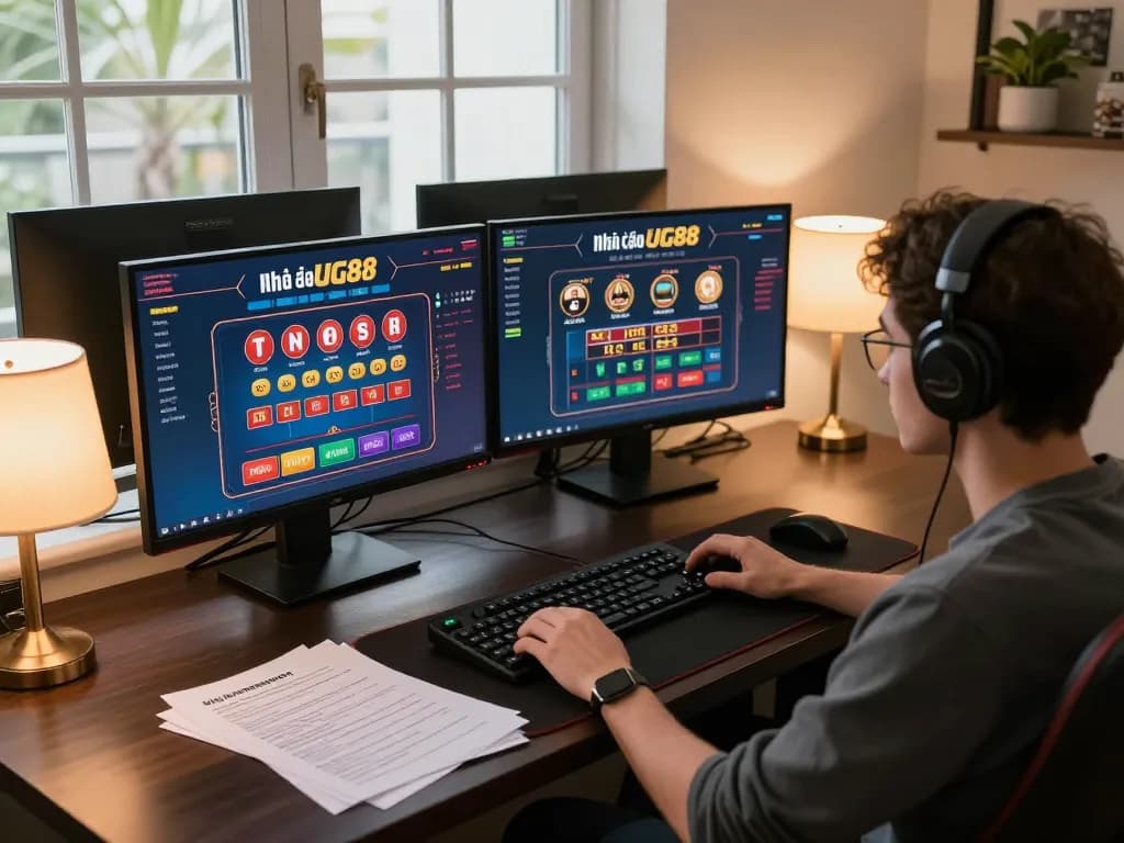 Player exploring Nhà cái UG88's casino games on multiple screens, promoting an engaging gambling experience.