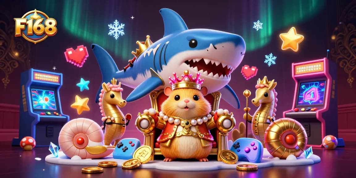 Spin the reels at F168's colorful casino scene featuring a golden hamster king and gaming elements.