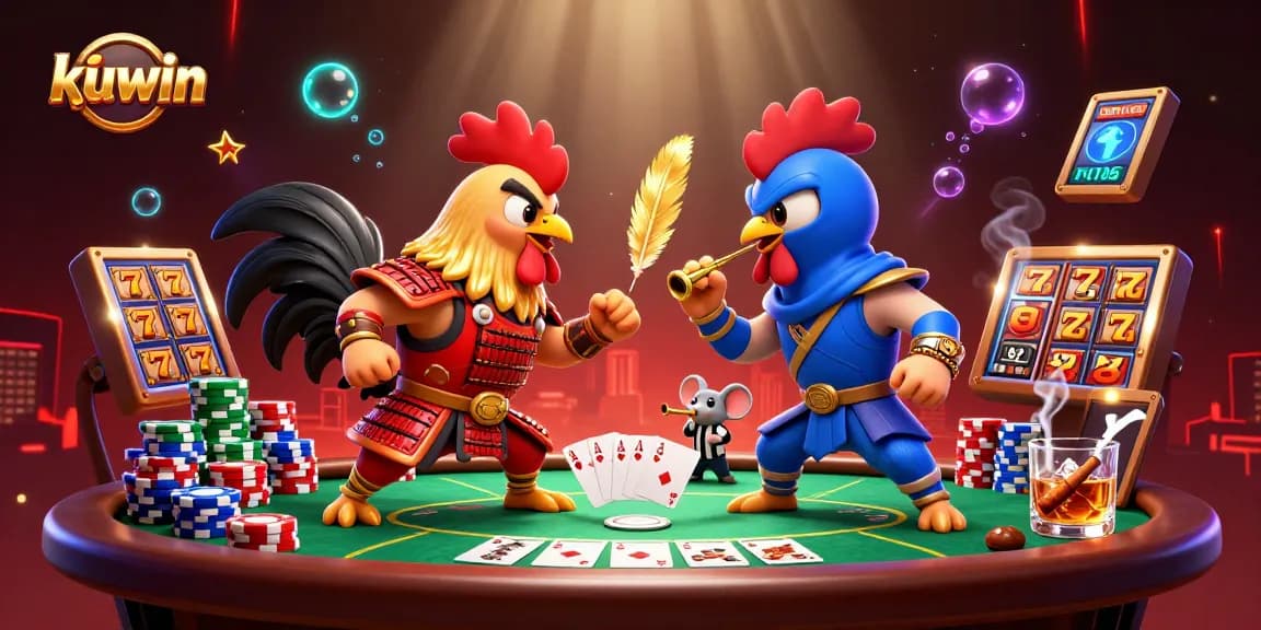 Kuwin showcases an epic duel between 3D cartoon roosters amidst vibrant casino elements, portraying thrilling game action.