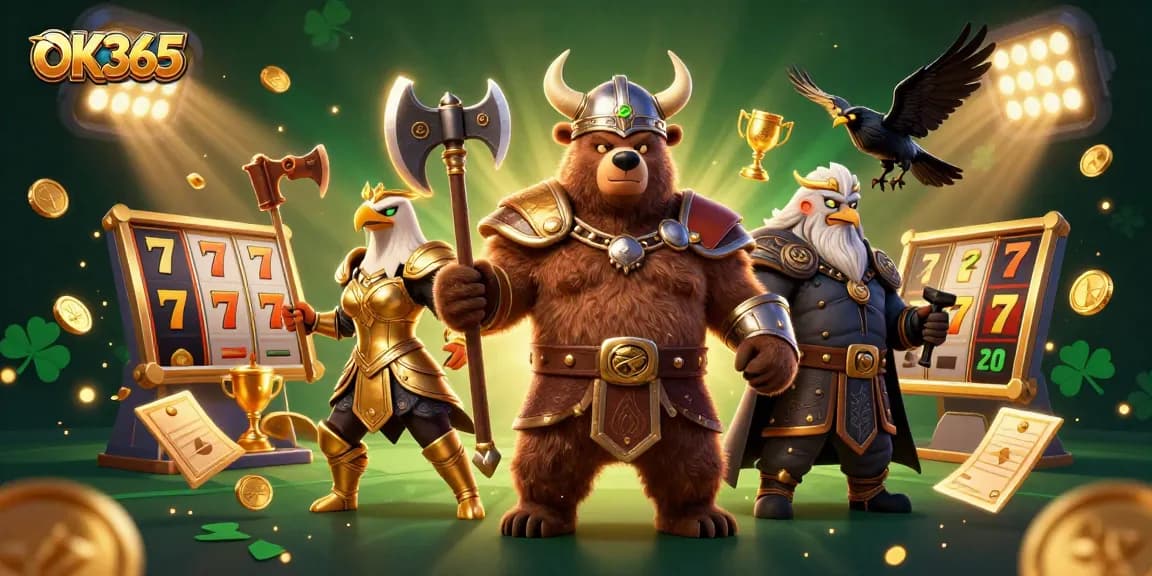 Experience the thrill of OK365 with a dynamic 3D scene featuring Viking characters and exciting slot elements.