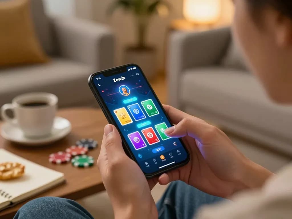 Zowin player engaging with mobile app while strategizing betting in a cozy home setting