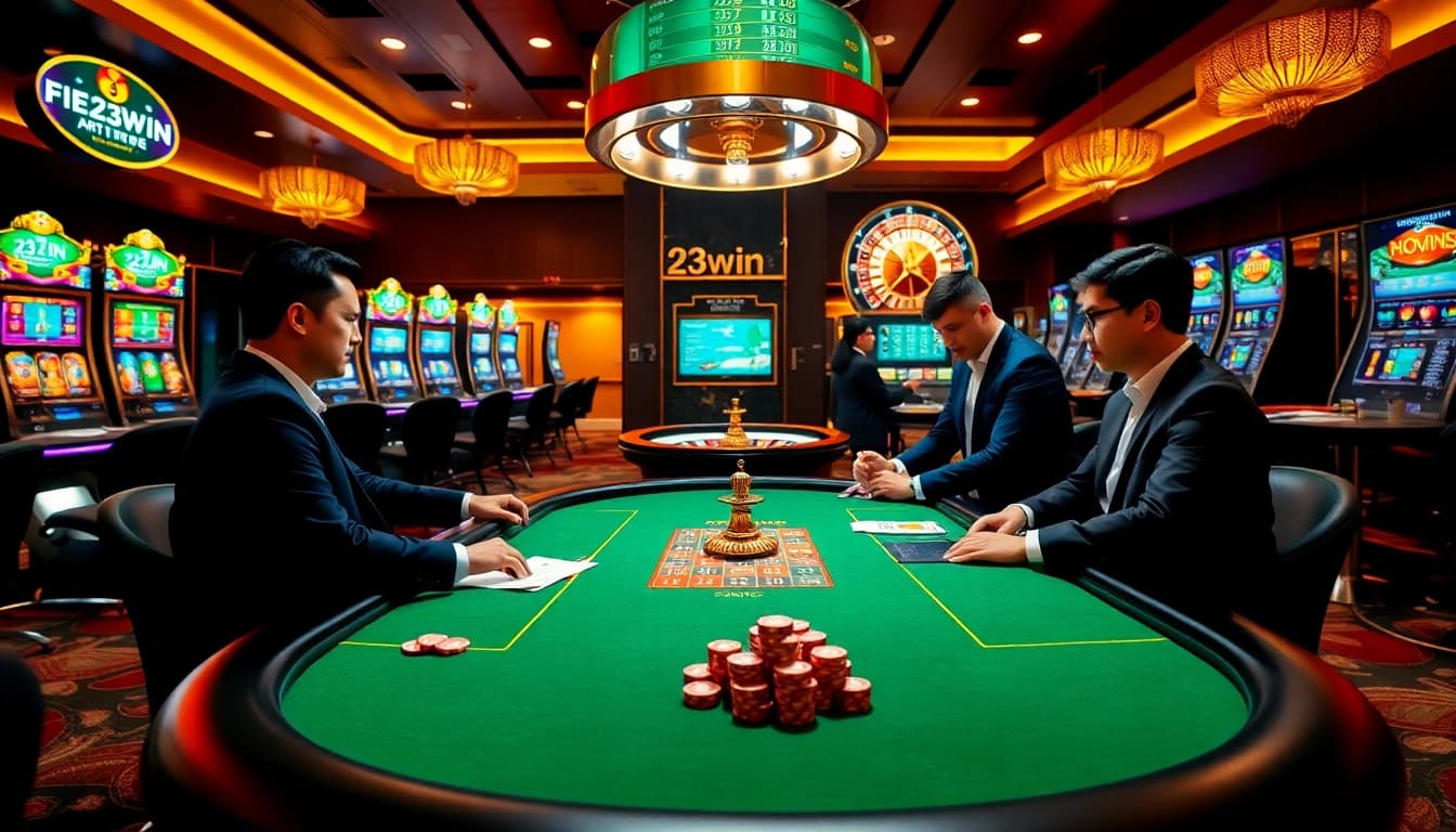Experience professional gameplay at 23win with vibrant casino elements like poker chips and slot machines.