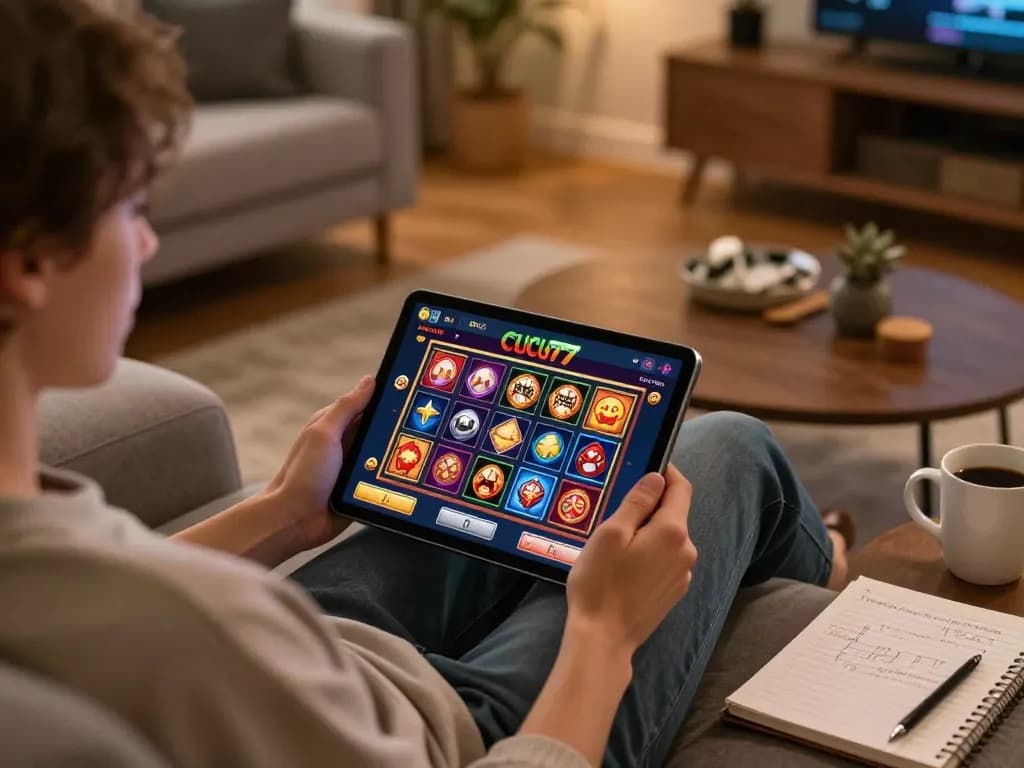 Engaging in CUCU777 online gaming, a player strategizes on a tablet in a cozy home setting.