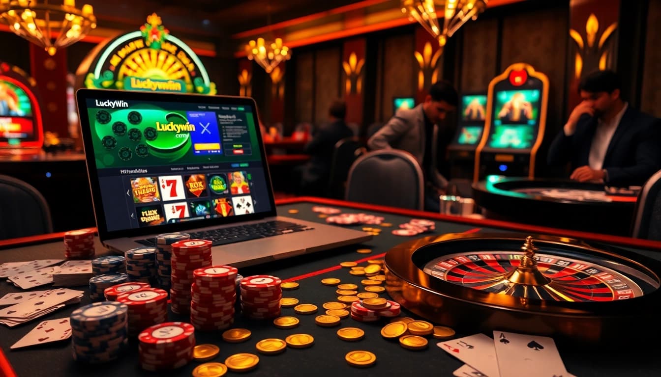 Experience excitement at Luckywin com with stunning casino visuals of gambling tables, colorful chips, and online interfaces.
