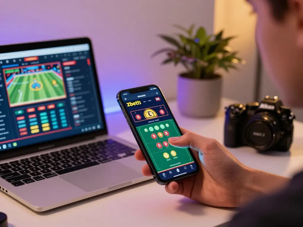 Experience zbett's online gaming excitement with a smartphone and betting app set in a stylish home.
