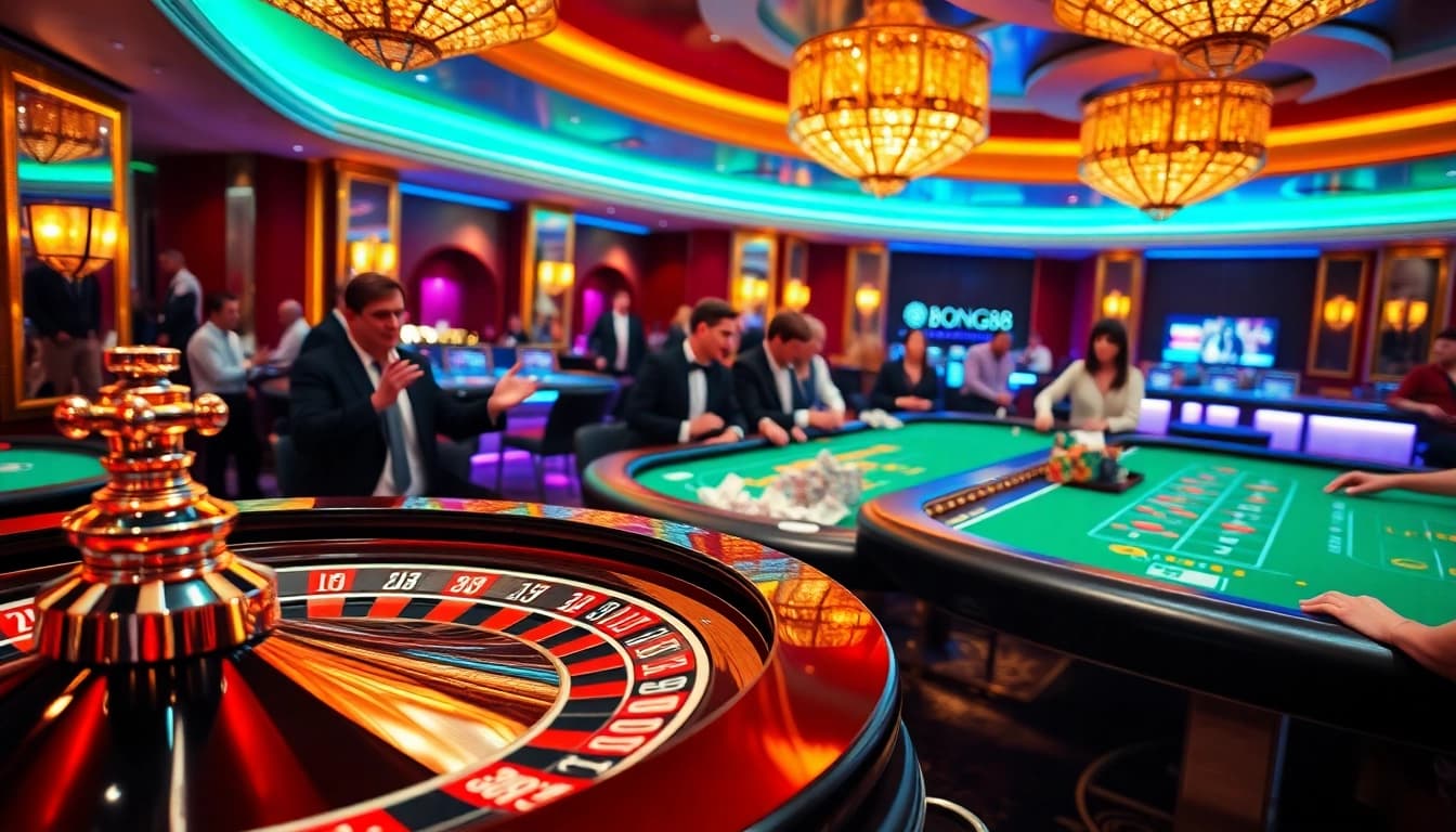 BONG88 casino scene with roulette wheel and poker chips showcasing thrilling gambling action.