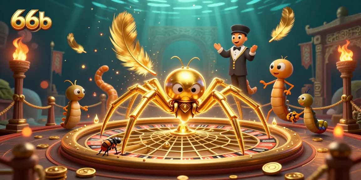 Engage in thrilling bets at 66b's roulette web as the golden spider spins its intricate game.