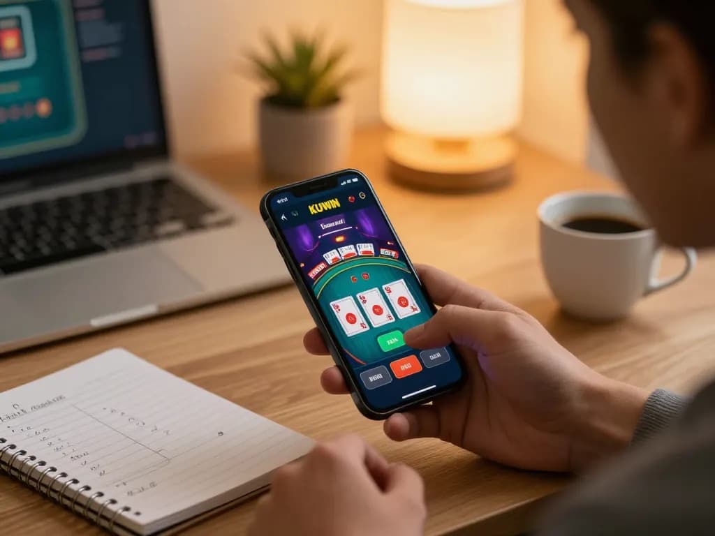 Engaging with the KUWIN casino app during a strategic home gaming session, showcasing mobile betting.