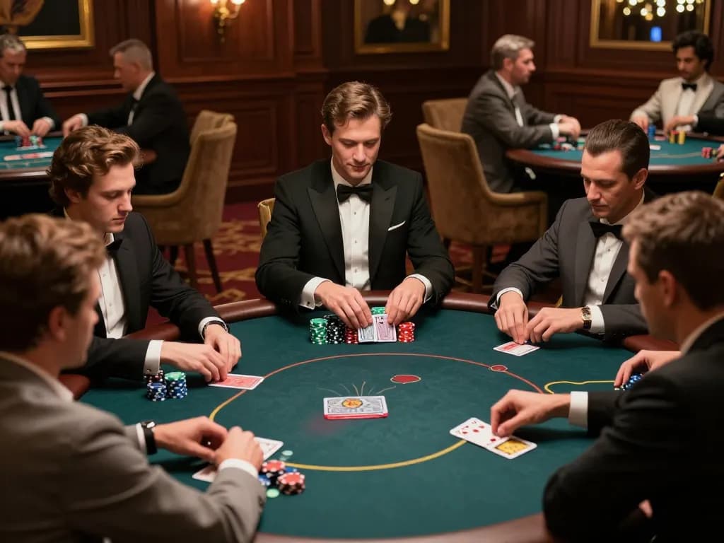 uu88 players engaged in an intense poker game, showcasing strategic gameplay in an upscale casino.