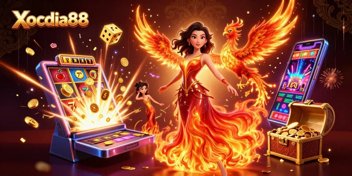 Xocdia88 players spin slots and win rewards amidst a dynamic casino scene filled with excitement and riches.