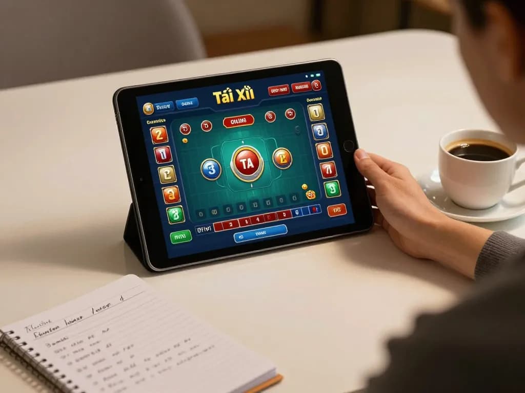 Tài Xỉu Online game being played on a tablet at a cozy home desk with strategic notes.