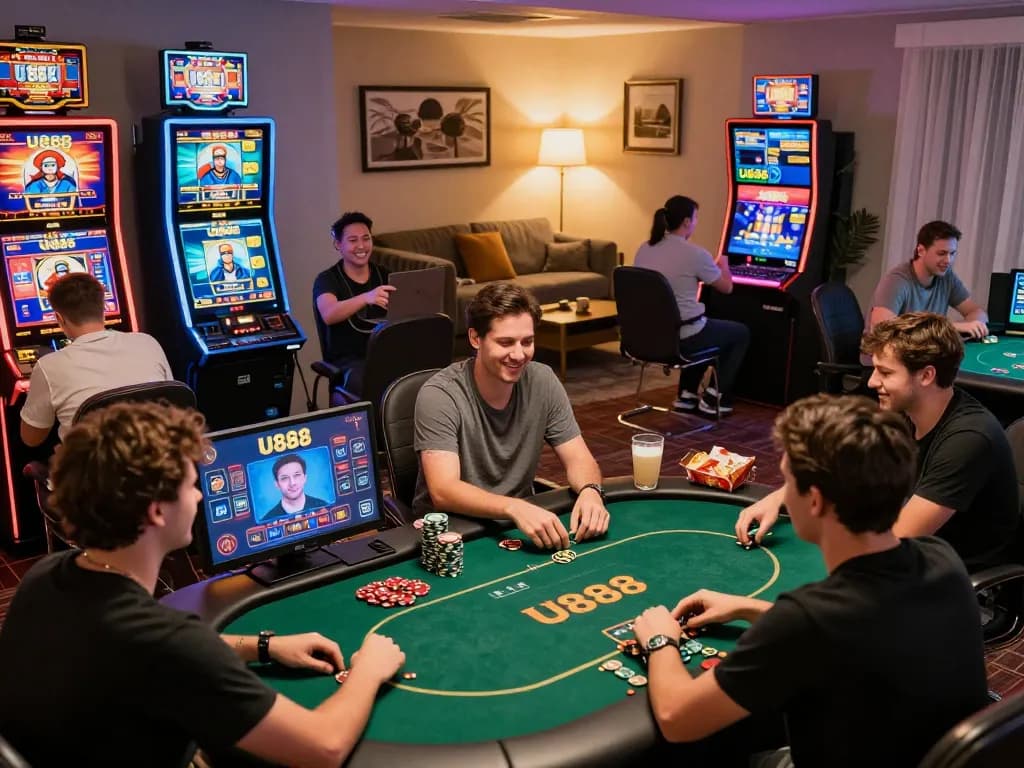 Engaged players enjoying games on U888 online casino platform, showcasing vibrant graphics and cozy atmosphere.