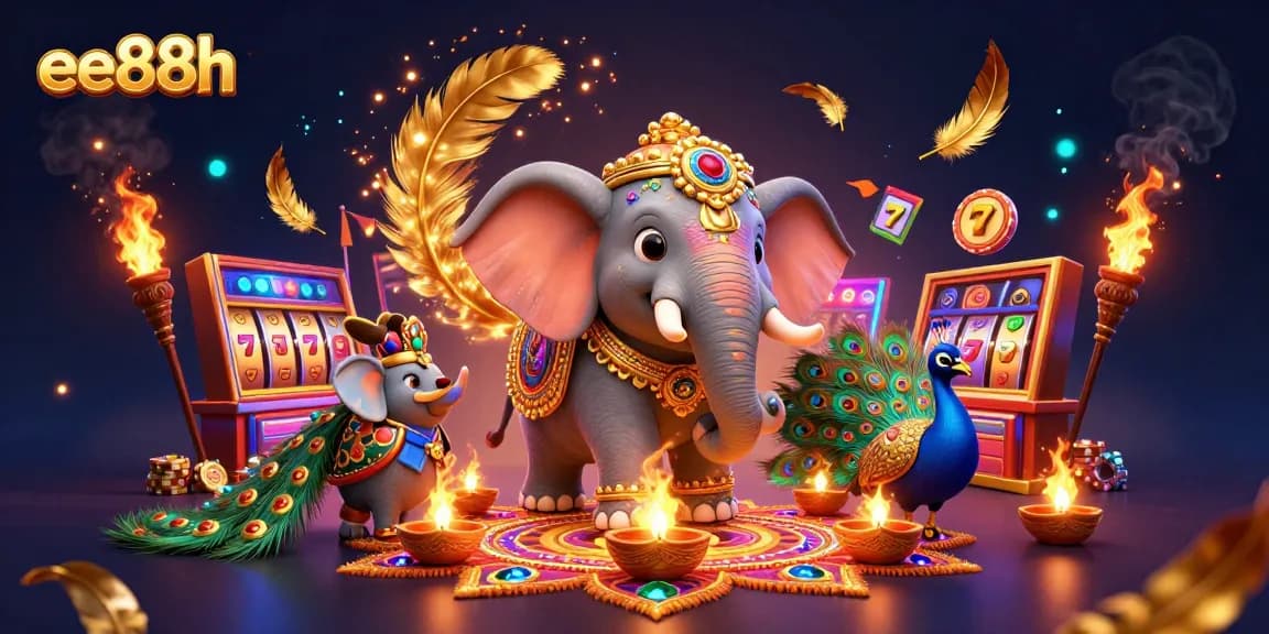 Experience the excitement of ee88h gaming with vibrant elephant and peacock in a rich casino scene.