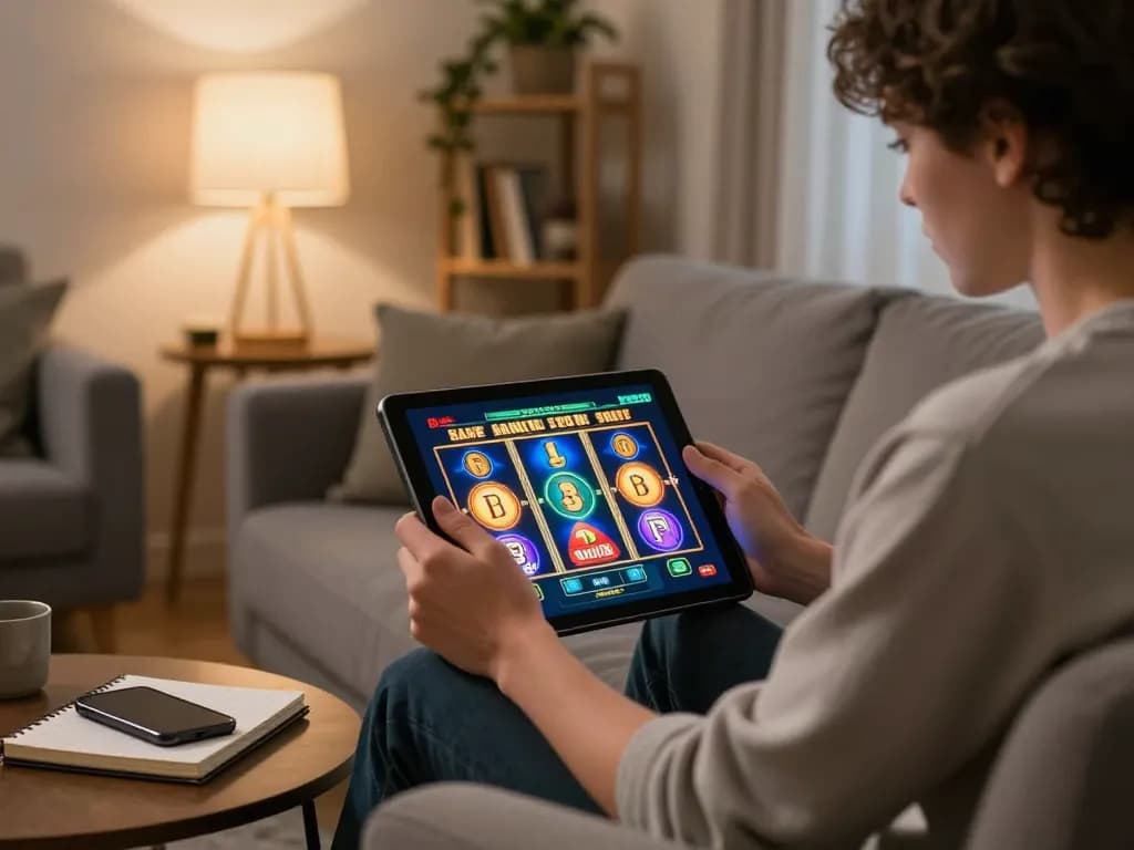 Engaging player wins at 789win online slot game in cozy living room with tablet