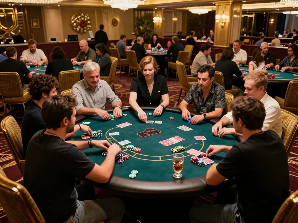 Players strategizing at a VIP poker table in a luxury casino, showcasing ta888 high-stakes gameplay atmosphere