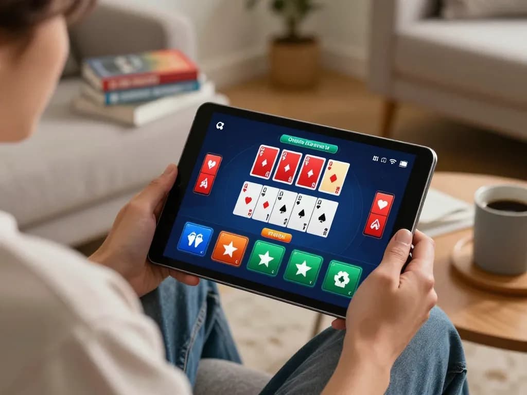Player enjoying kkwin online blackjack on tablet in cozy home setting.
