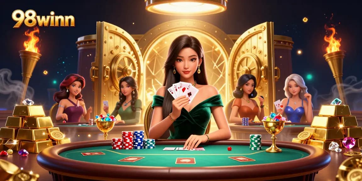 Explore winning strategies at 98winn as a focused player at a poker table with treasures.