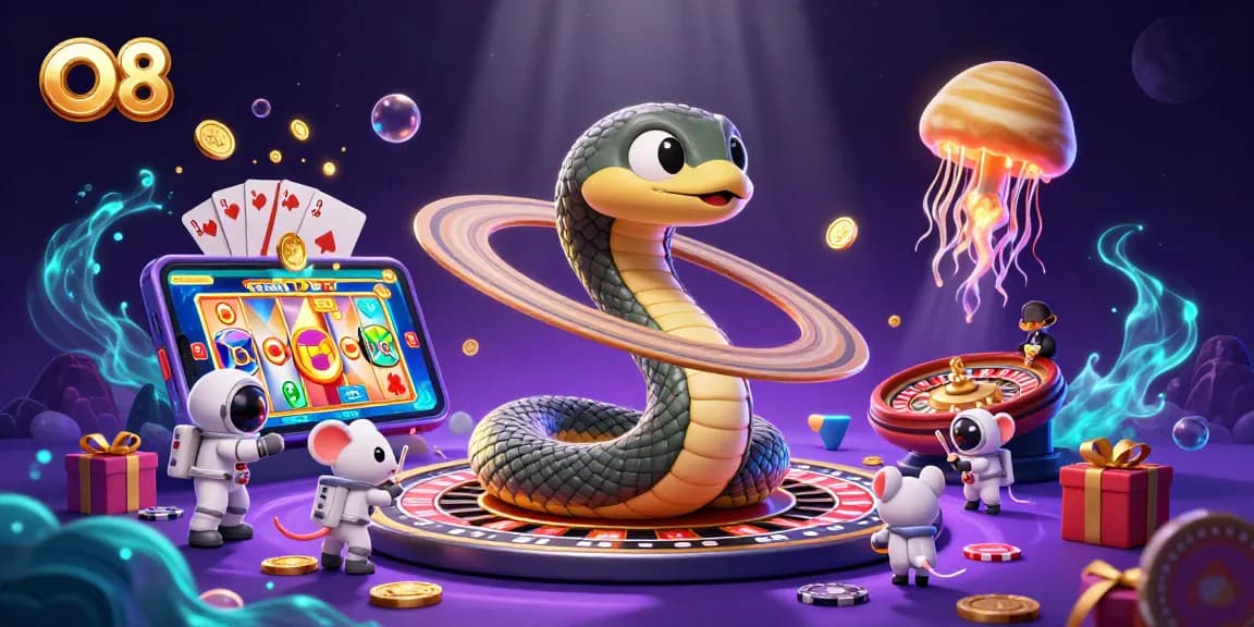 Experience thrilling gameplay at O8 with a vibrant 3D scene of characters placing bets amidst colorful gaming elements.