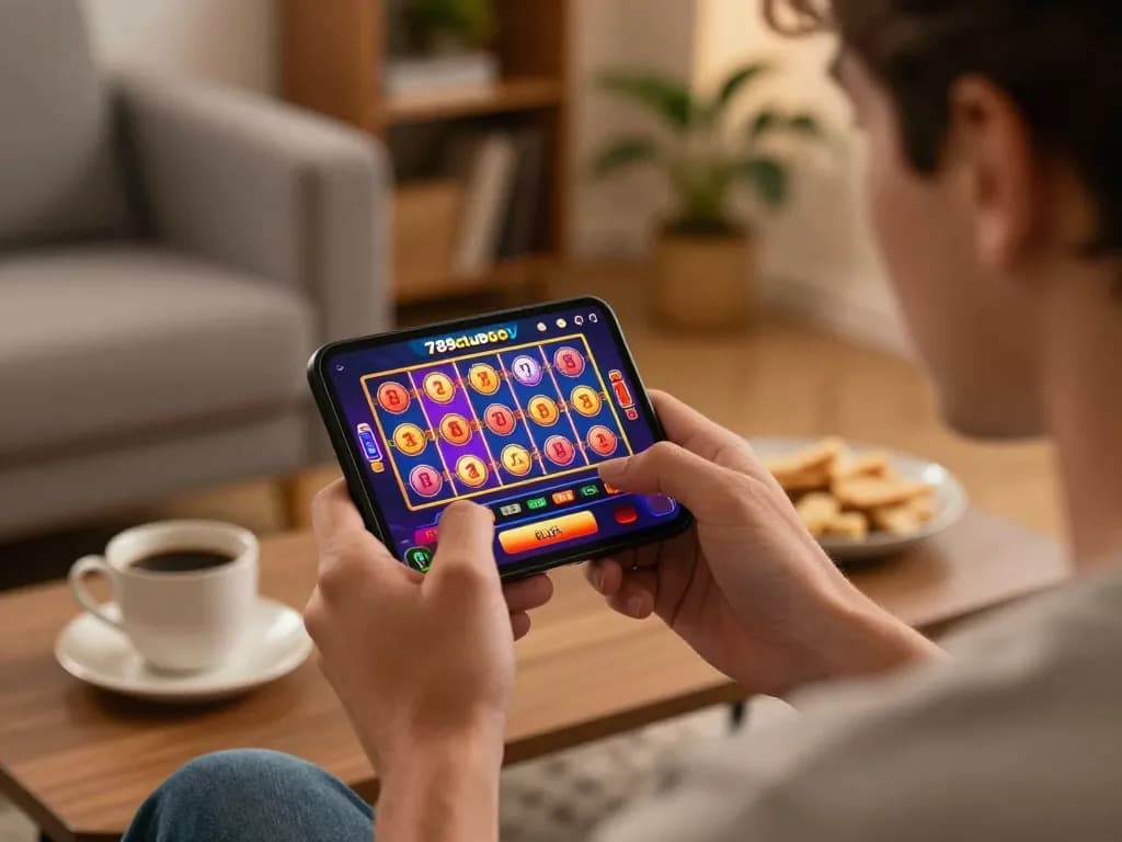 Enjoying the 789clubgo mobile app with vibrant slot graphics in a cozy home.