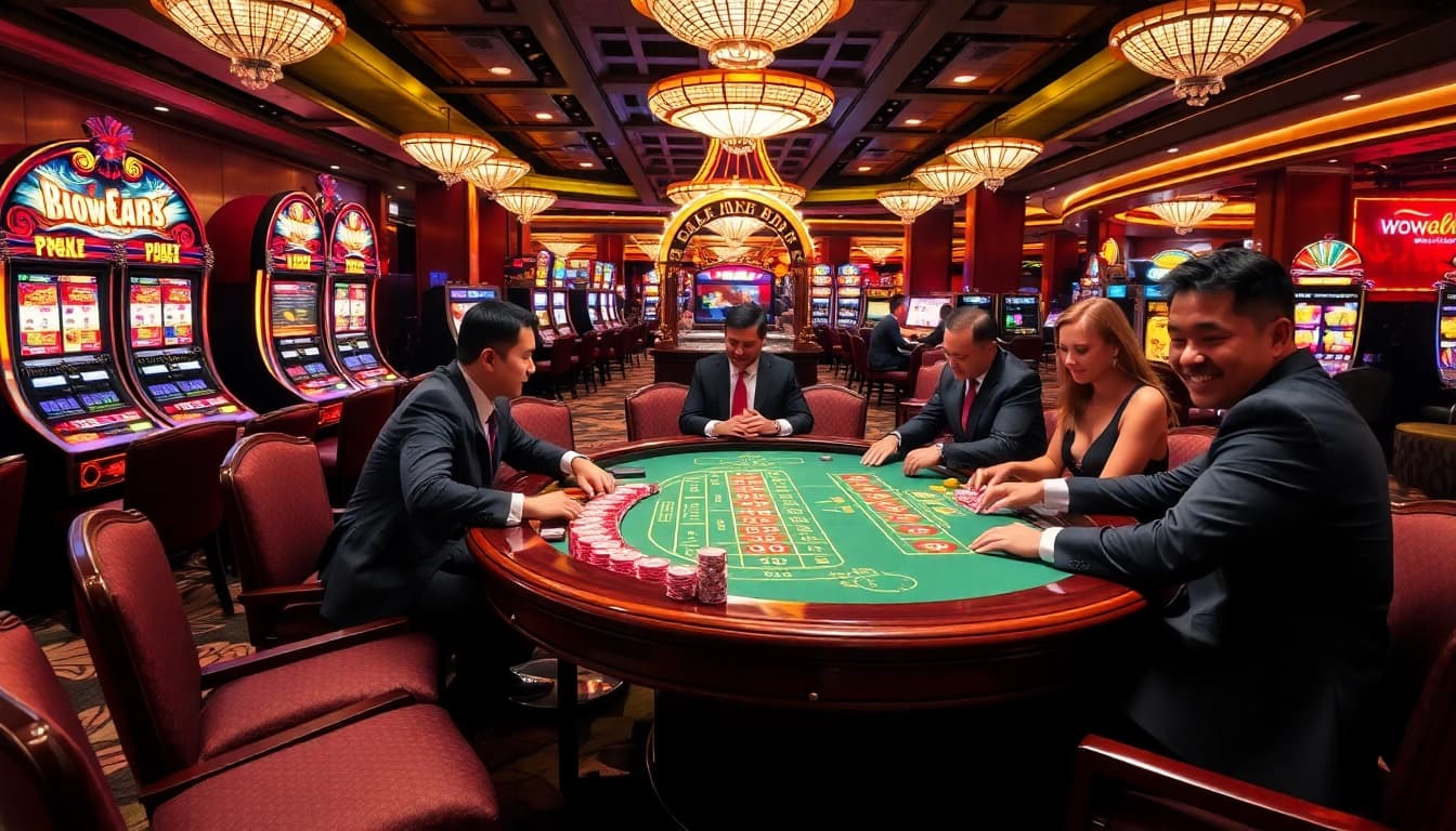 Players engage in a dynamic table game at ww88's upscale casino, surrounded by vibrant decor.