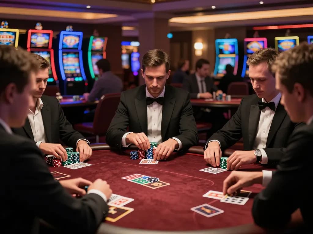Players engaging at a poker table in a luxury casino, strategizing with 888VI in play