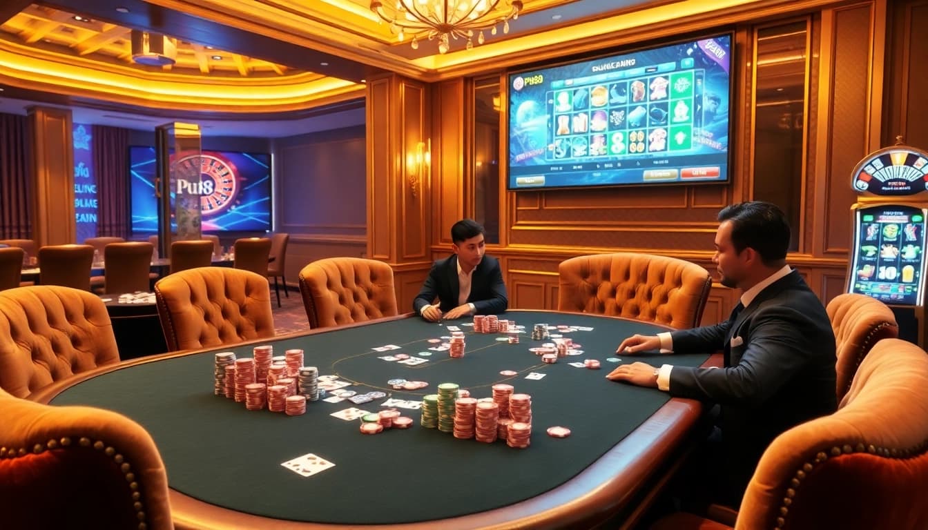 Exciting gambling action at PU88 Casino with poker players, chips, and a roulette wheel.