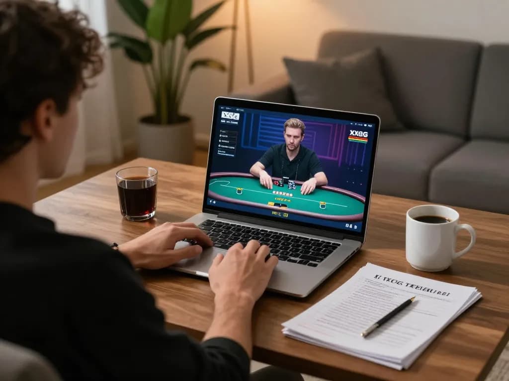 Engaged player strategizing during an online poker game on XXGG platform in cozy home setting