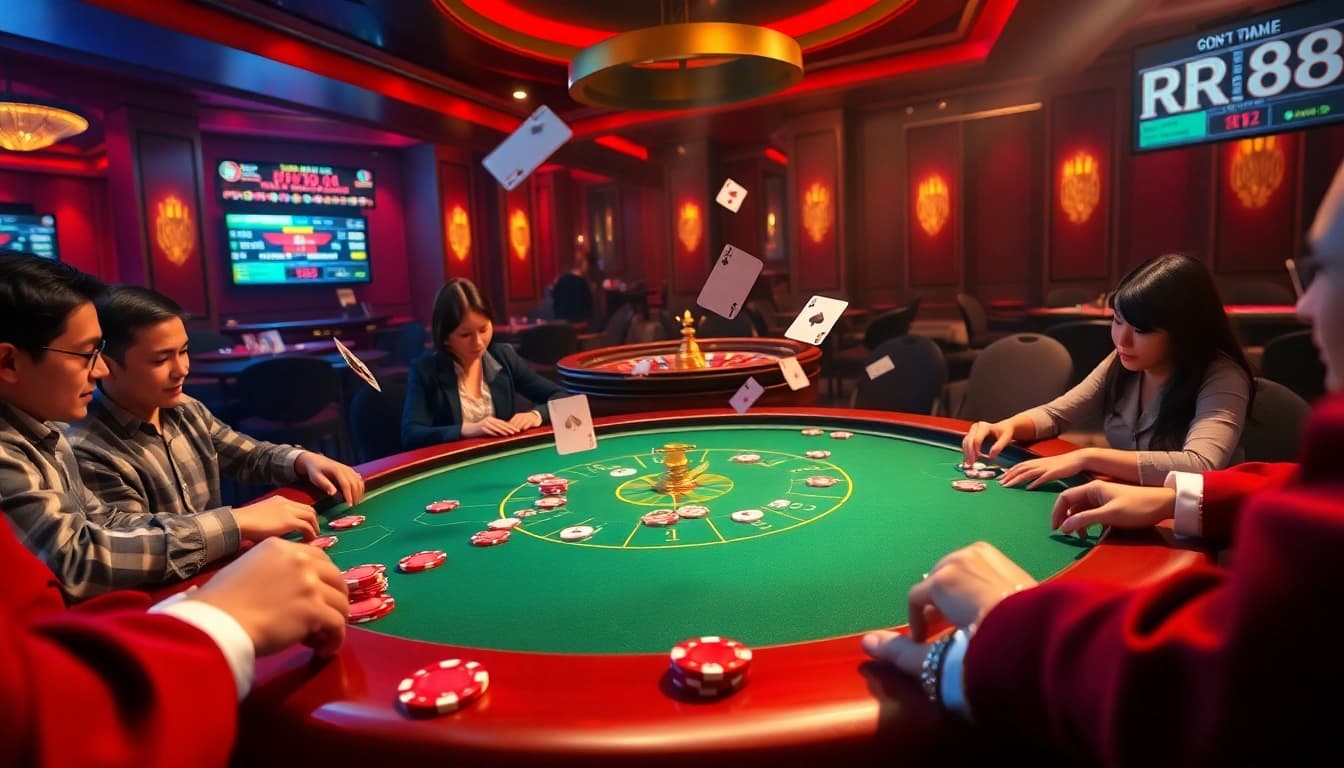 RR88 poker table scene showcasing vibrant poker chips and excited players in an elegant casino setting.