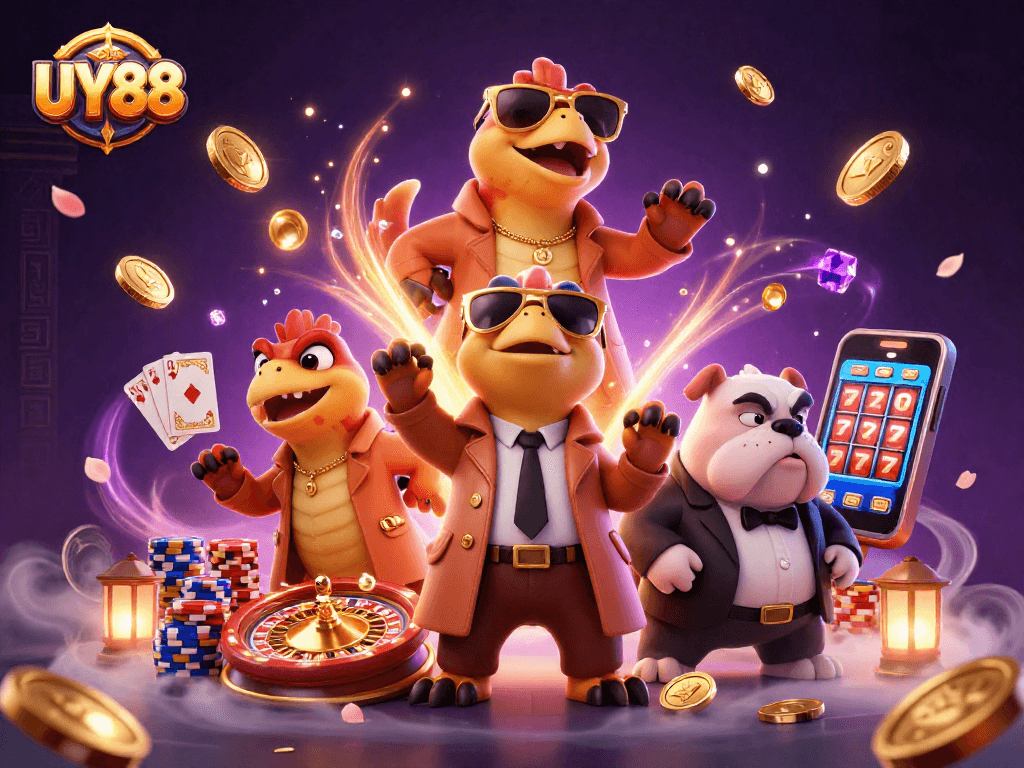 Join the fun at UY88 with exciting games, golden coins cascading, and vibrant casino energy.