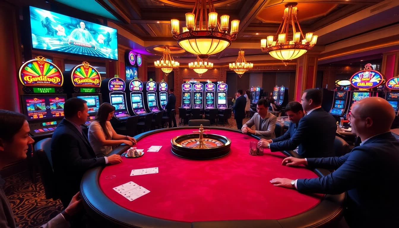 SUNCITY88 gaming table with excited players, poker chips, and bright slot machines in a luxurious casino setting.