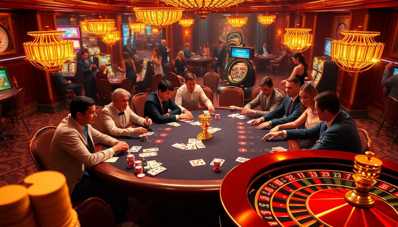 Experience the thrill of gambling with luck8 at an upscale poker table bustling with excitement.